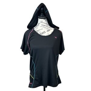 Diadora Black Pink Neon Hooded Workout Hoodie XL